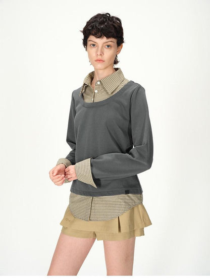 AFTADAWN Grey Plaid Spliced Faux Two Piece Polo Women&