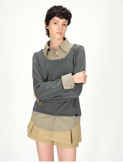 AFTADAWN Grey Plaid Spliced Faux Two Piece Polo Women&