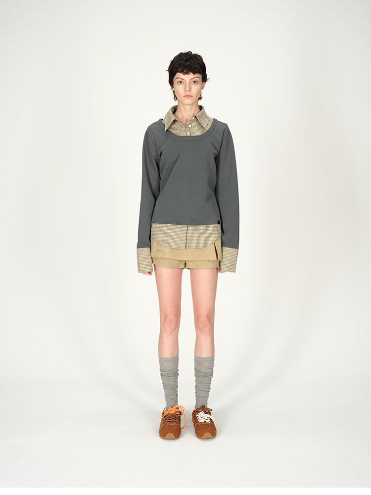 AFTADAWN Grey Plaid Spliced Faux Two Piece Polo Women&