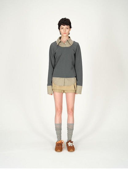AFTADAWN Grey Plaid Spliced Faux Two Piece Polo Women&