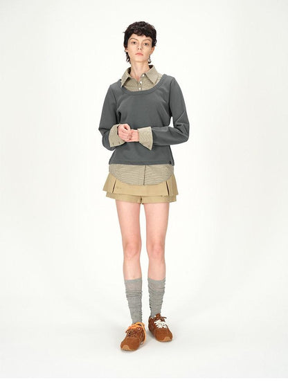 AFTADAWN Grey Plaid Spliced Faux Two Piece Polo Women&