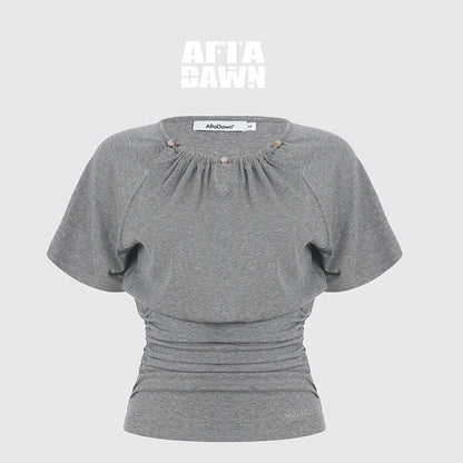 AFTADAWN_Grey_Ruched_Beaded_Cutout_Round_Neck_Slim_Women&