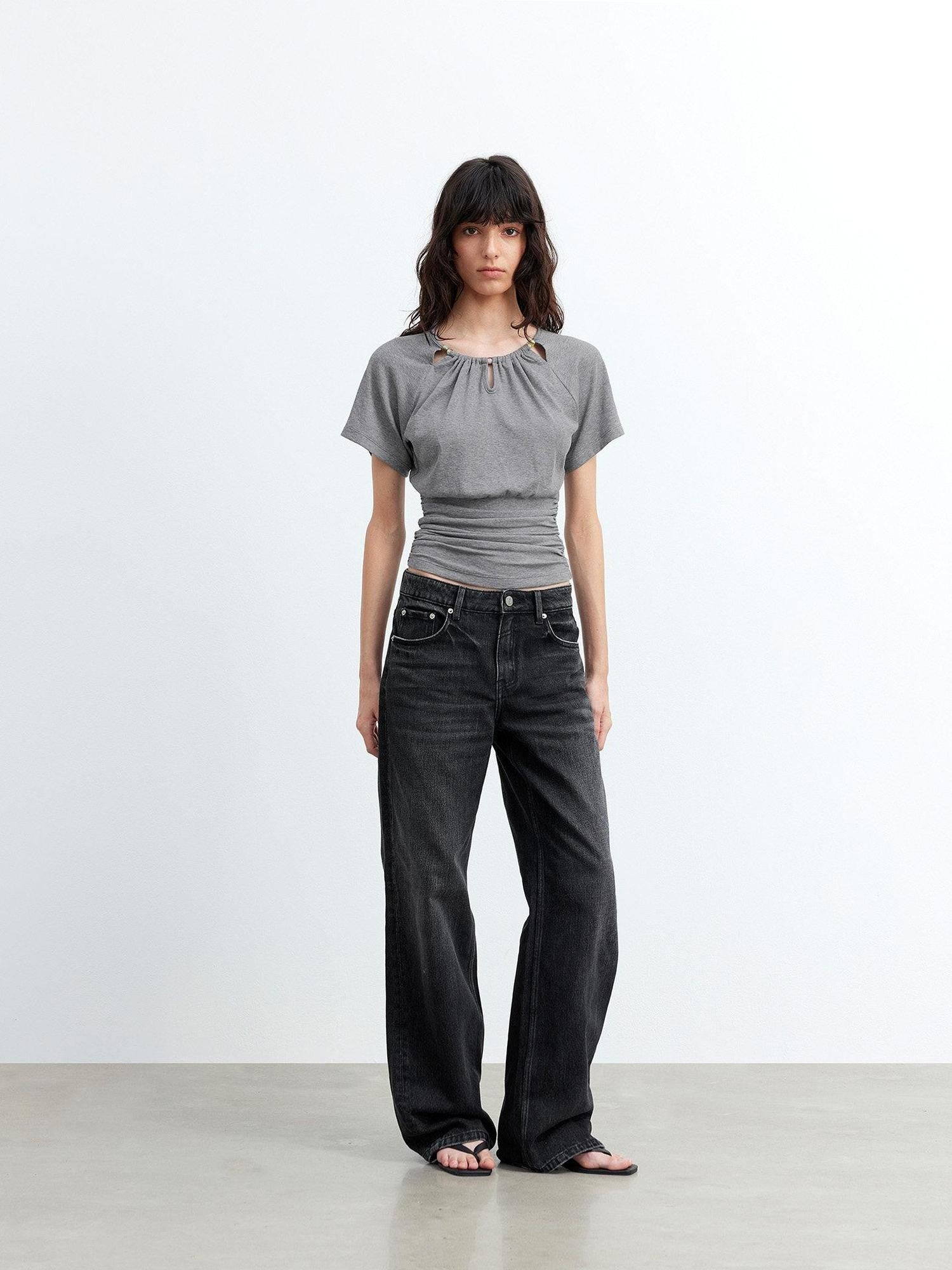 AFTADAWN Grey Ruched Beaded Cutout Round Neck Slim Women&