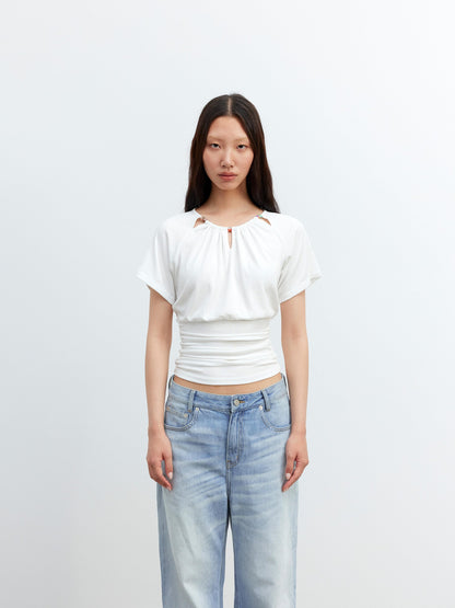 AFTADAWN Grey Ruched Beaded Cutout Round Neck Slim Women&