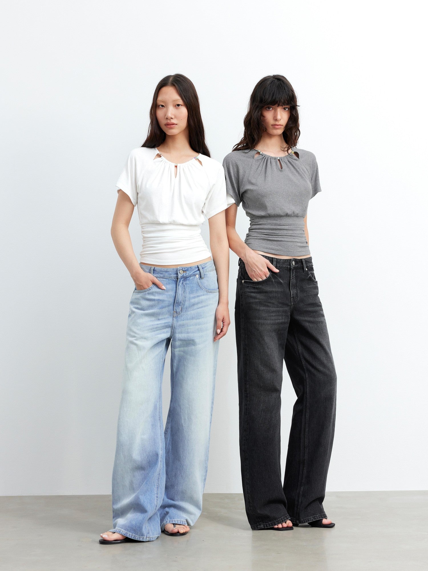 AFTADAWN Grey Ruched Beaded Cutout Round Neck Slim Women&