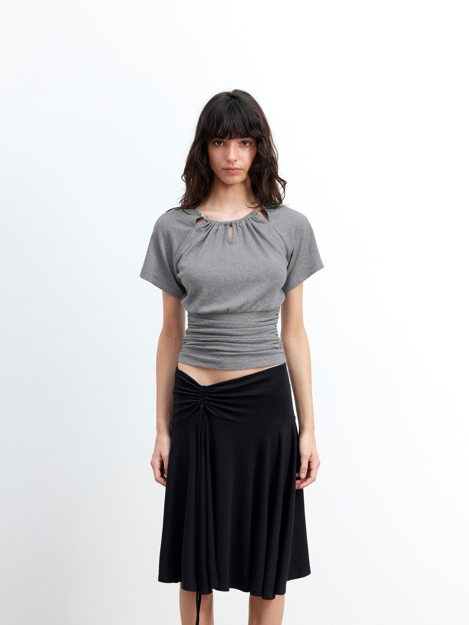 AFTADAWN Grey Ruched Beaded Cutout Round Neck Slim Women&