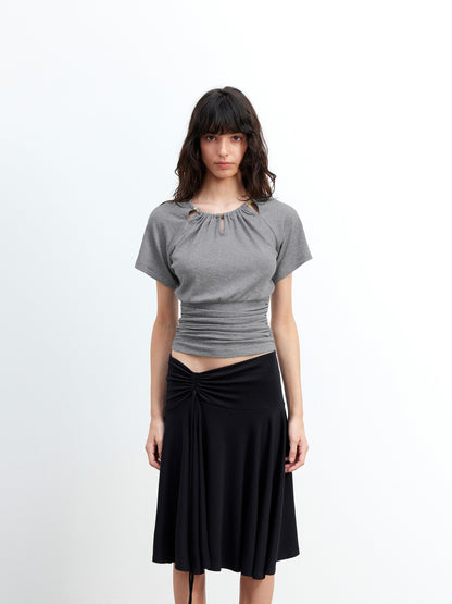 AFTADAWN Grey Ruched Beaded Cutout Round Neck Slim Women&