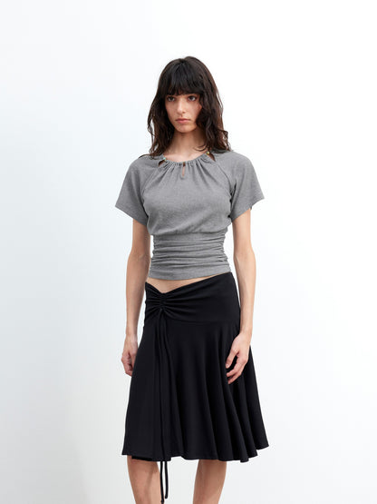 AFTADAWN Grey Ruched Beaded Cutout Round Neck Slim Women&