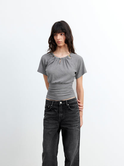 AFTADAWN Grey Ruched Beaded Cutout Round Neck Slim Women&
