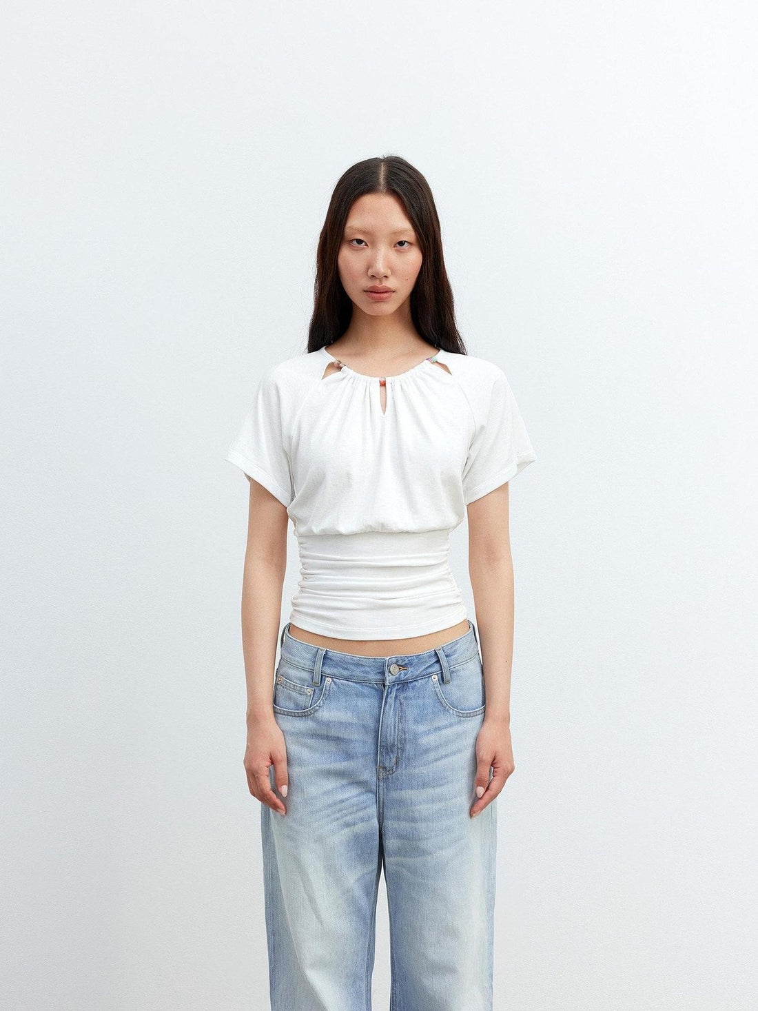 AFTADAWN Grey Ruched Beaded Cutout Round Neck Slim Women&