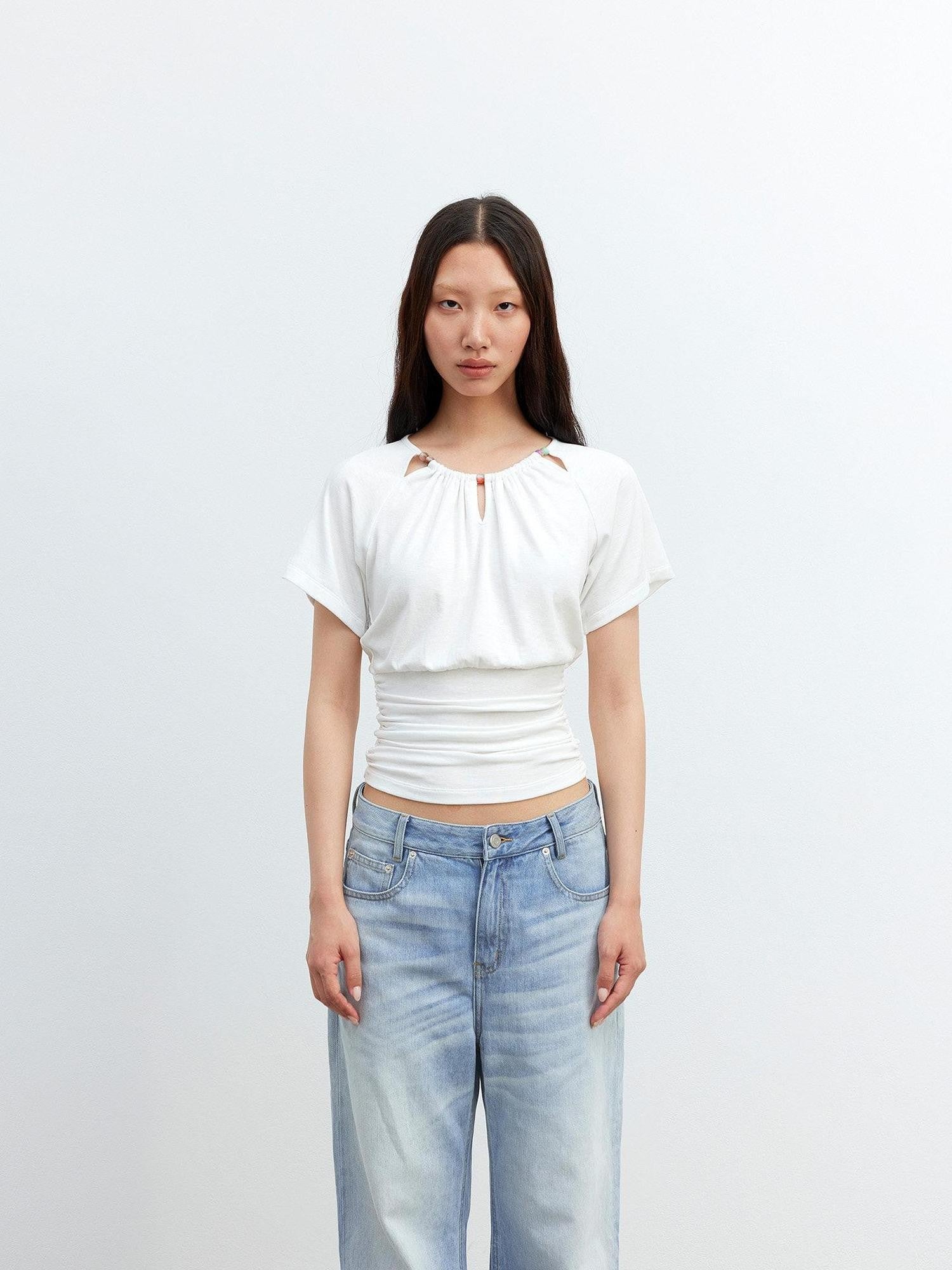 AFTADAWN Grey Ruched Beaded Cutout Round Neck Slim Women&