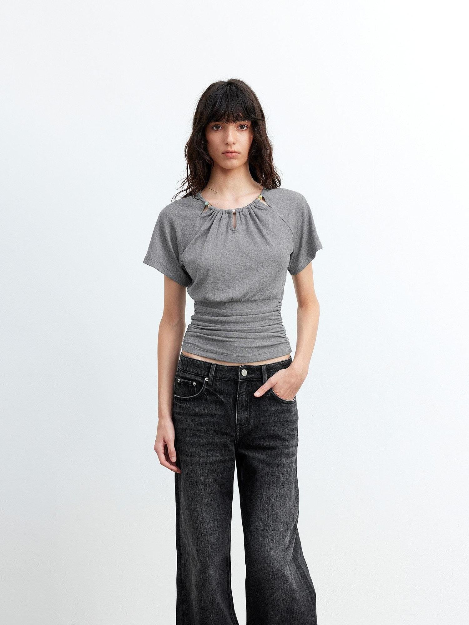 AFTADAWN Grey Ruched Beaded Cutout Round Neck Slim Women&