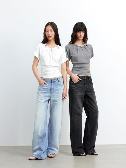 AFTADAWN Grey Ruched Beaded Cutout Round Neck Slim Women&