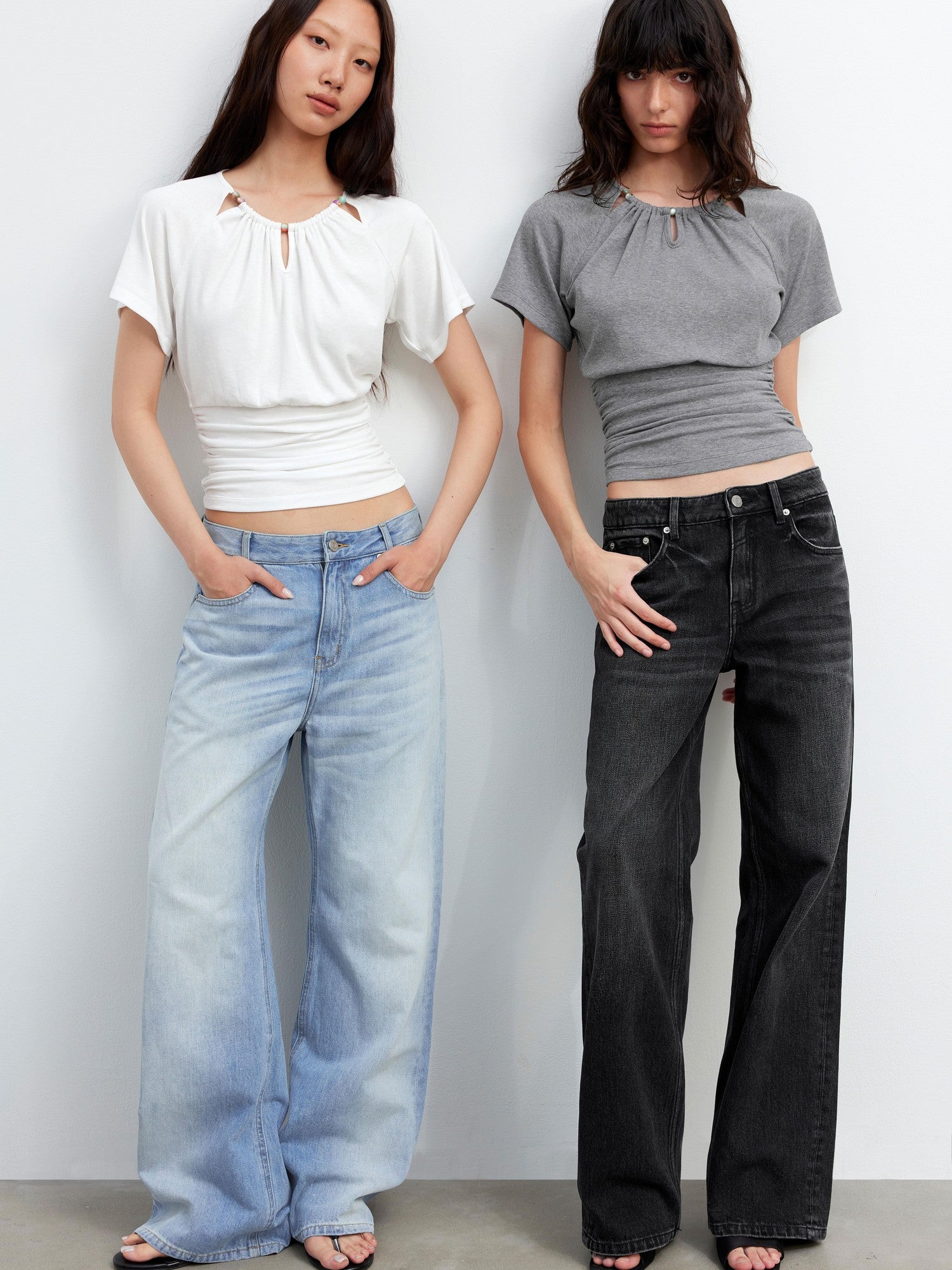 AFTADAWN Grey Ruched Beaded Cutout Round Neck Slim Women&