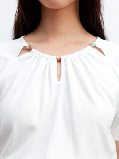 AFTADAWN Grey Ruched Beaded Cutout Round Neck Slim Women&
