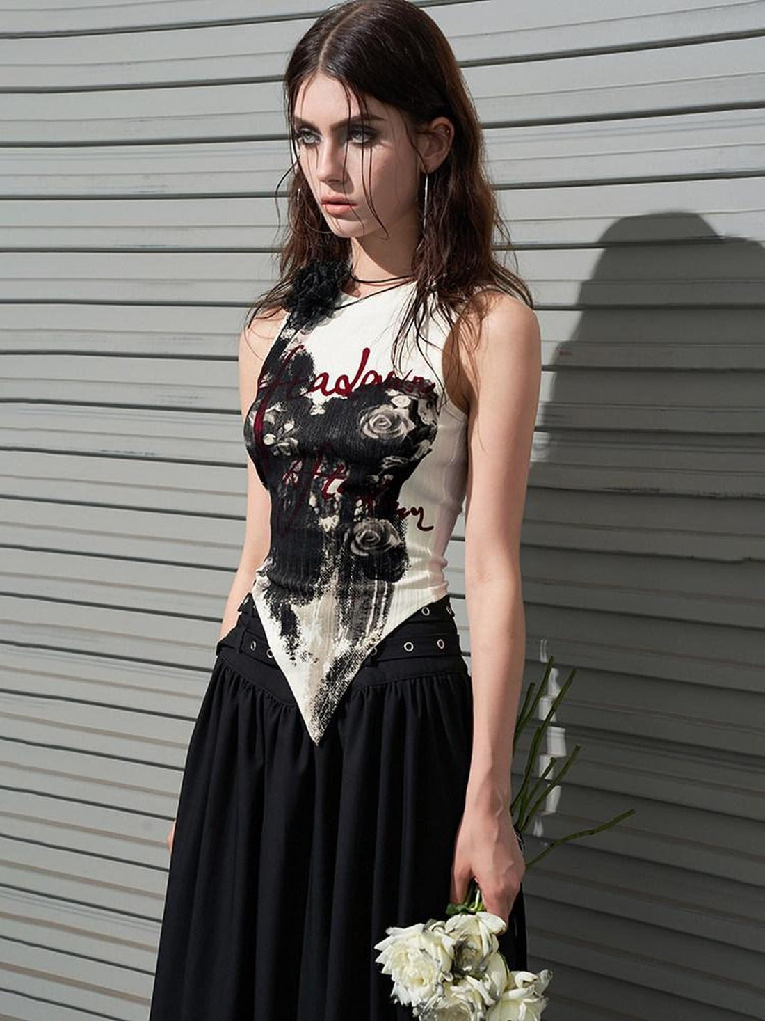 AFTADAWN Hand Painted Distressed Rose Print Asymmetric Slim Fit Women&