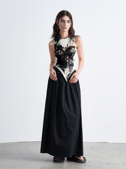 AFTADAWN Hand Painted Distressed Rose Print Asymmetric Slim Fit Women&