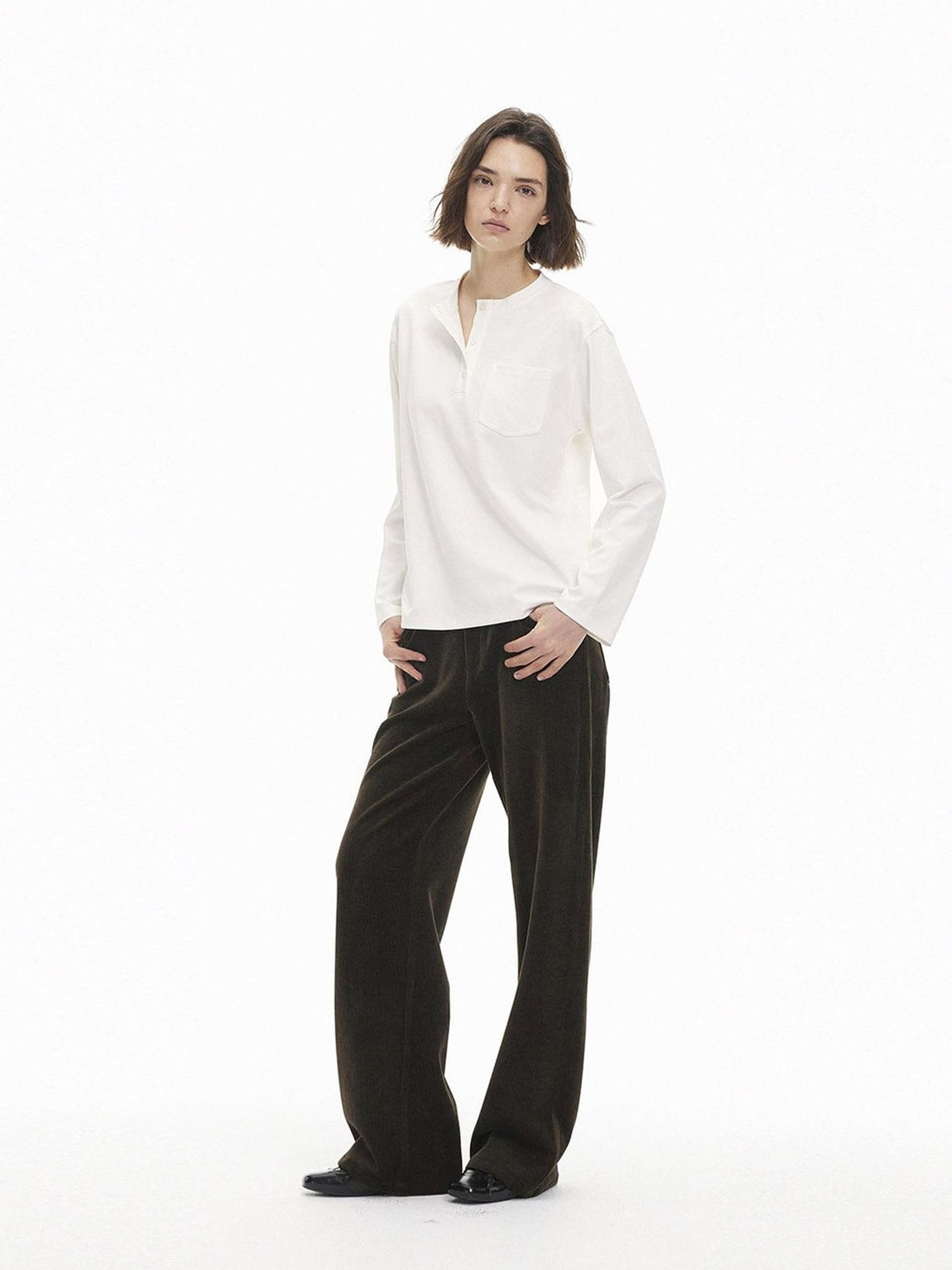 AFTADAWN Henley Neck Button Pocket Solid Color Women&