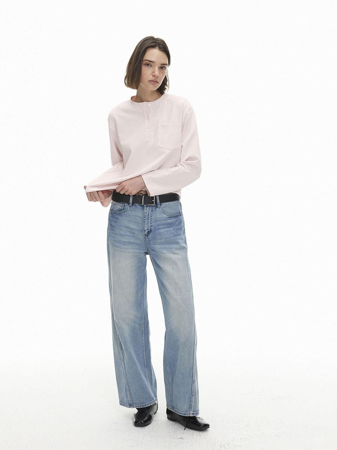 AFTADAWN Henley Neck Button Pocket Solid Color Women&