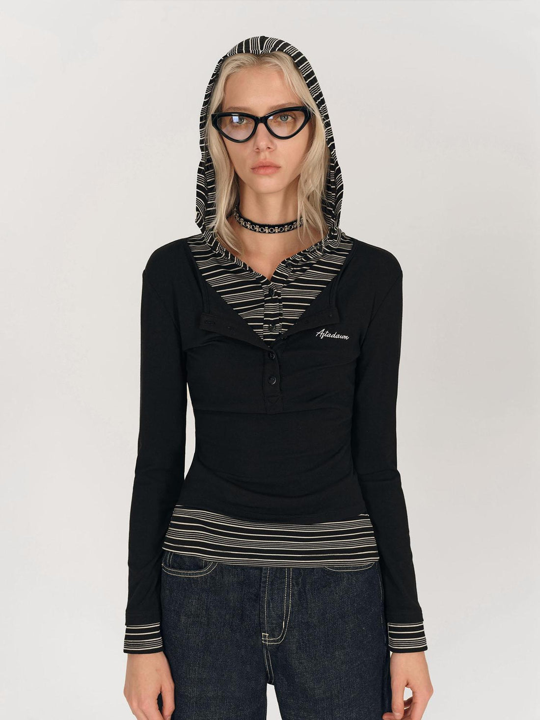 AFTADAWN Henry Collar Lyocell Modal Long Sleeve Layered Hooded Shirt