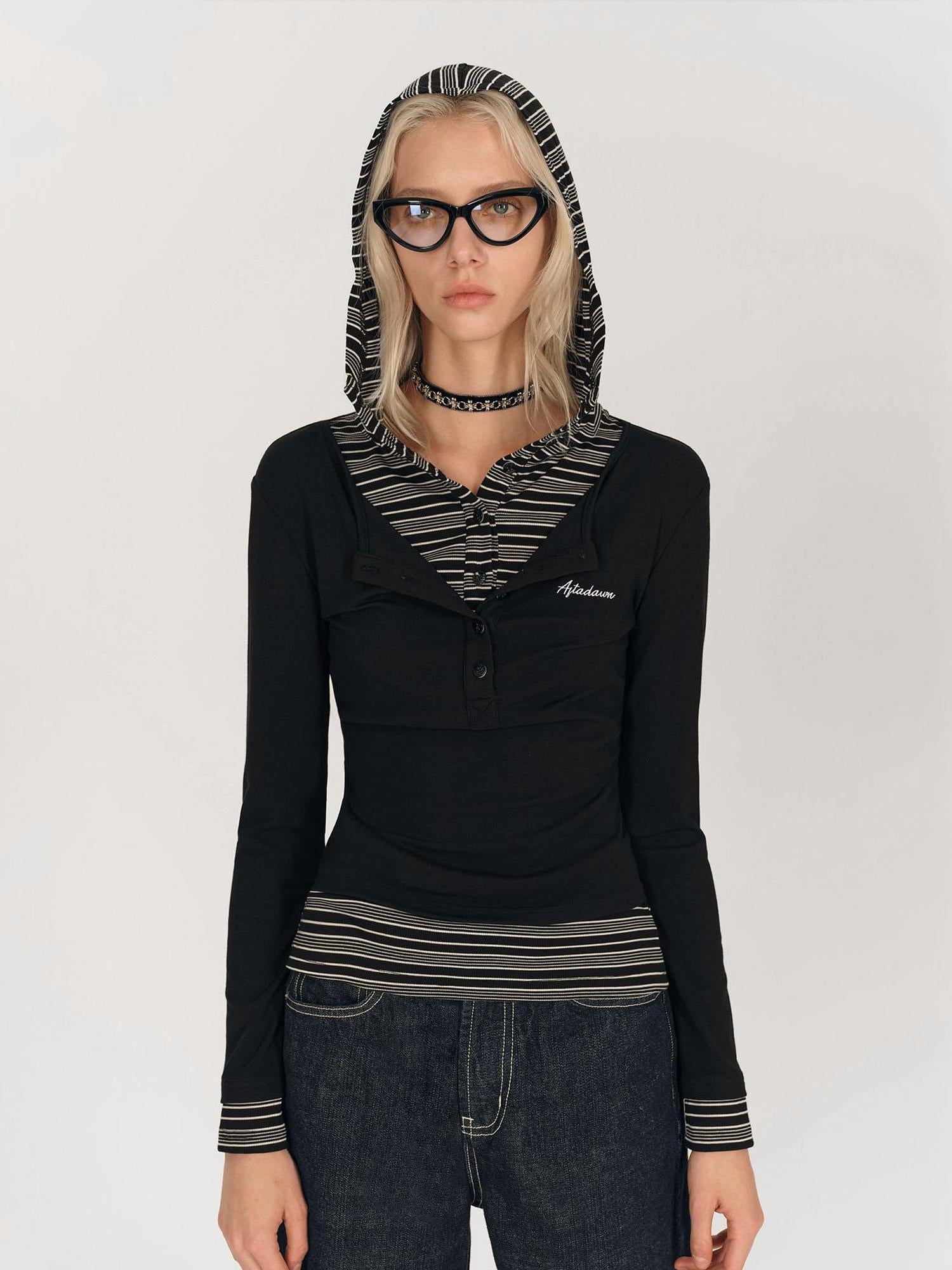 AFTADAWN Henry Collar Lyocell Modal Long Sleeve Layered Hooded Shirt