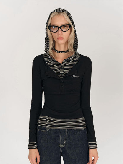 AFTADAWN Henry Collar Lyocell Modal Long Sleeve Layered Hooded Shirt