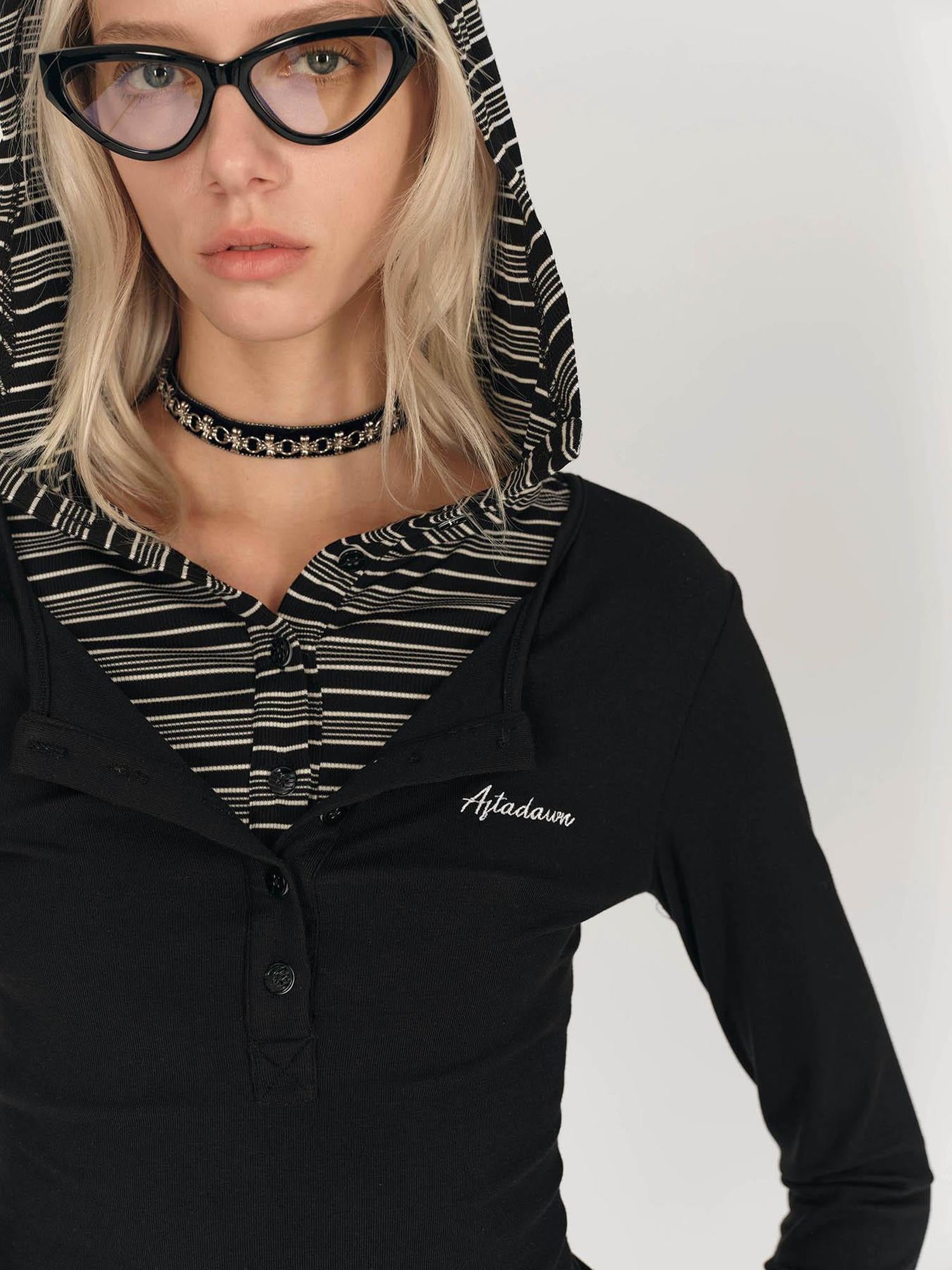 AFTADAWN Henry Collar Lyocell Modal Long Sleeve Layered Hooded Shirt
