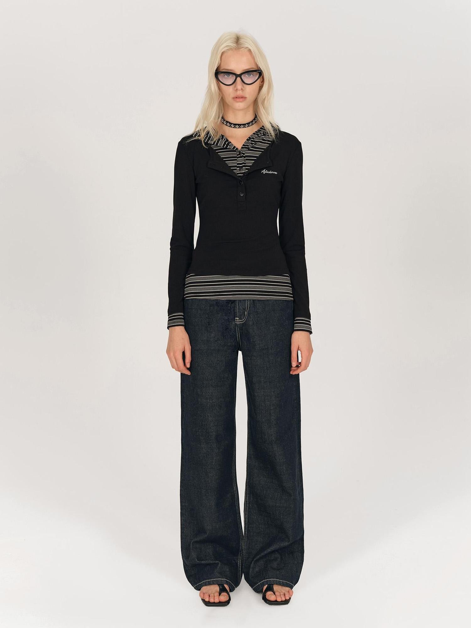 AFTADAWN Henry Collar Lyocell Modal Long Sleeve Layered Hooded Shirt