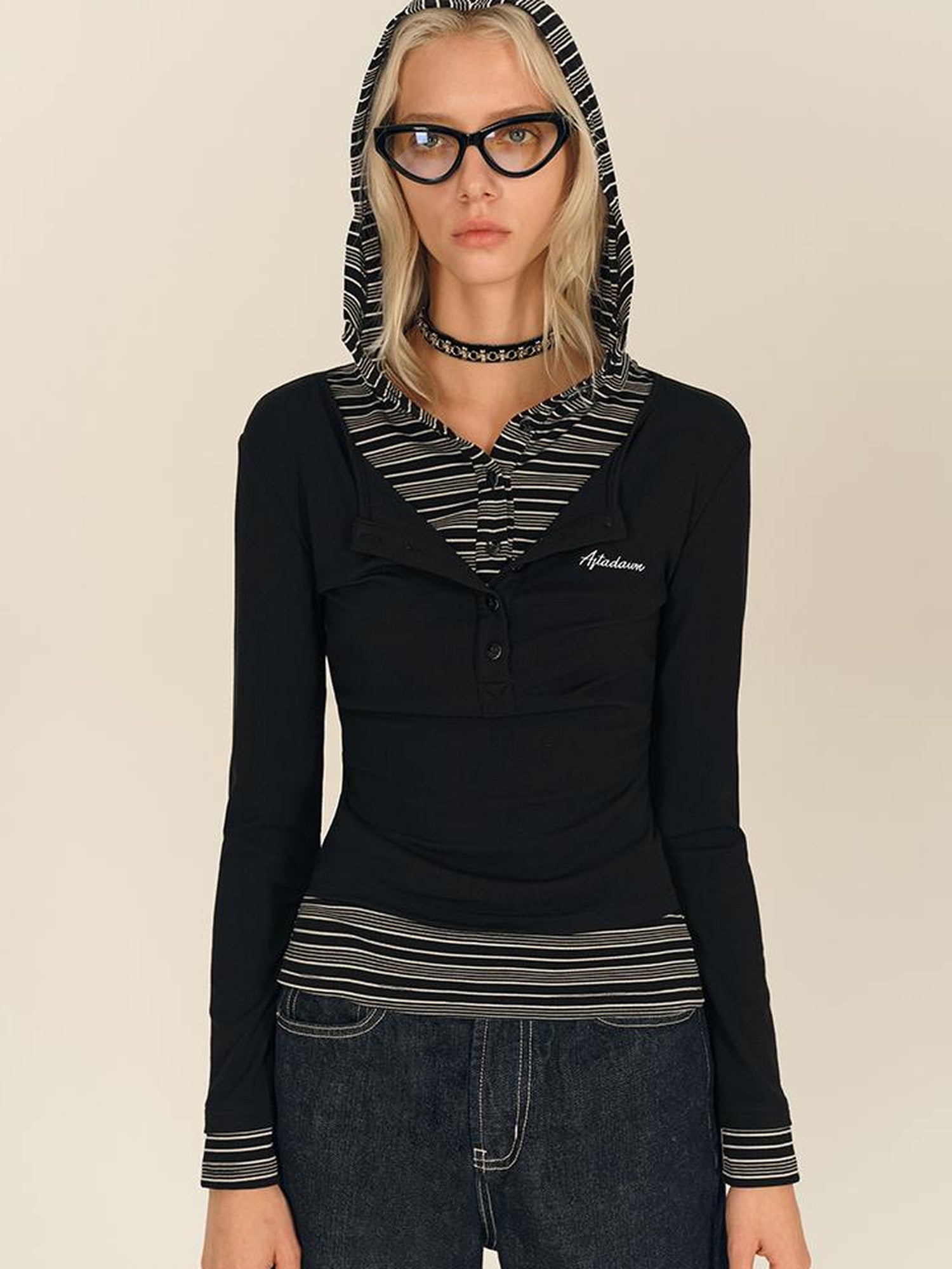AFTADAWN Henry Collar Lyocell Modal Long Sleeve Layered Hooded Shirt