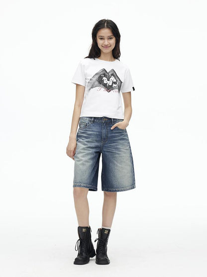 AFTADAWN High Density Cotton Crew Neck Printed Tee Relaxed Fit Short Sleeve Top