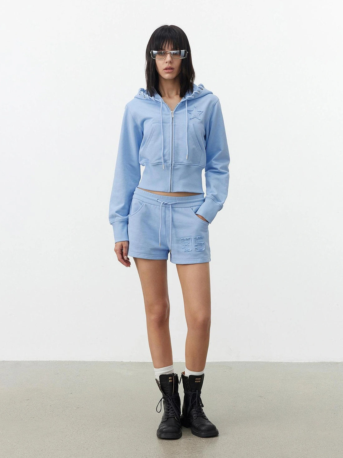 AFTADAWN High Density Cotton Drawstring Hoodie Embroidered Shorts Set Sport Suits