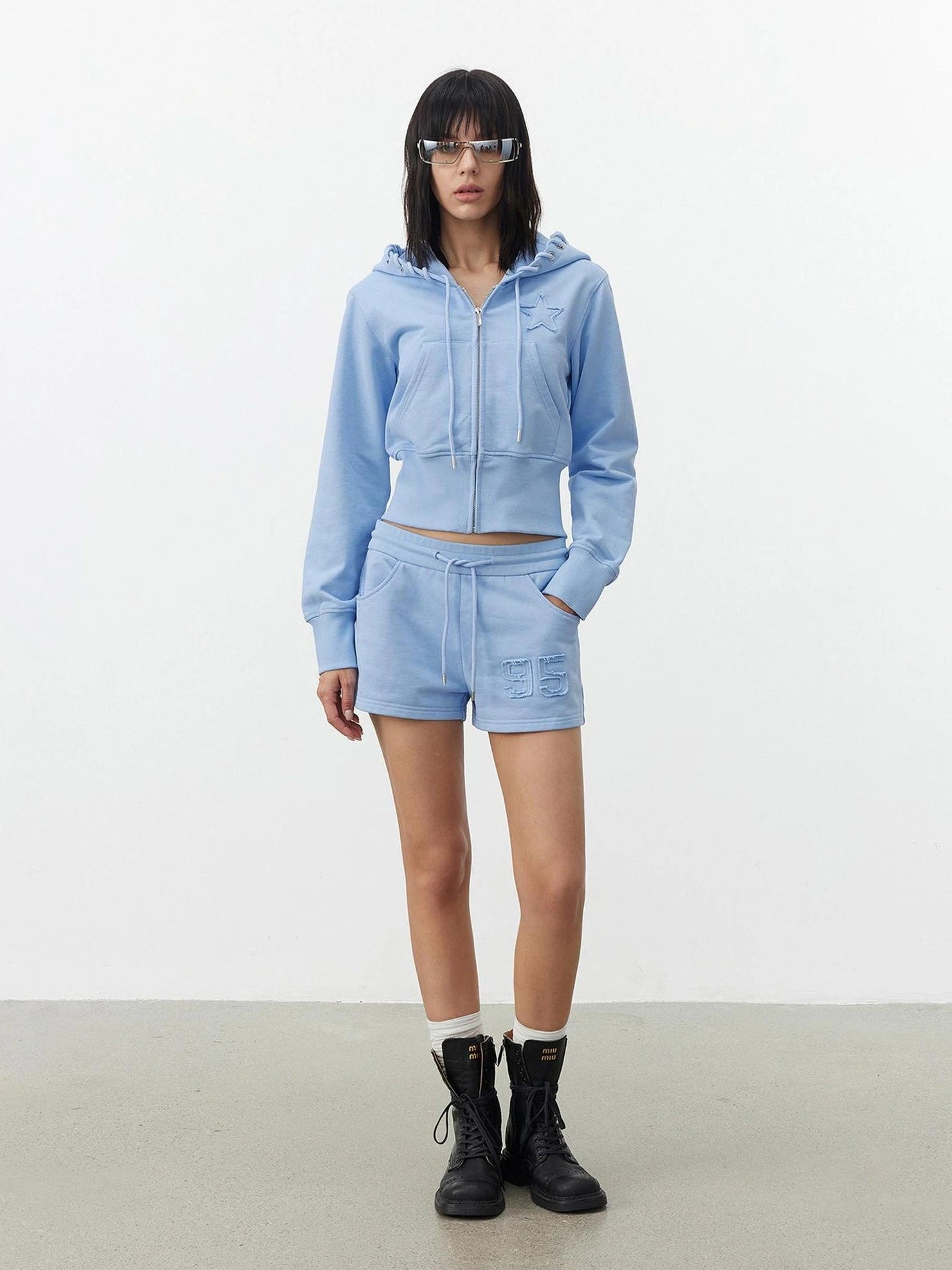 AFTADAWN High Density Cotton Drawstring Hoodie Embroidered Shorts Set Sport Suits