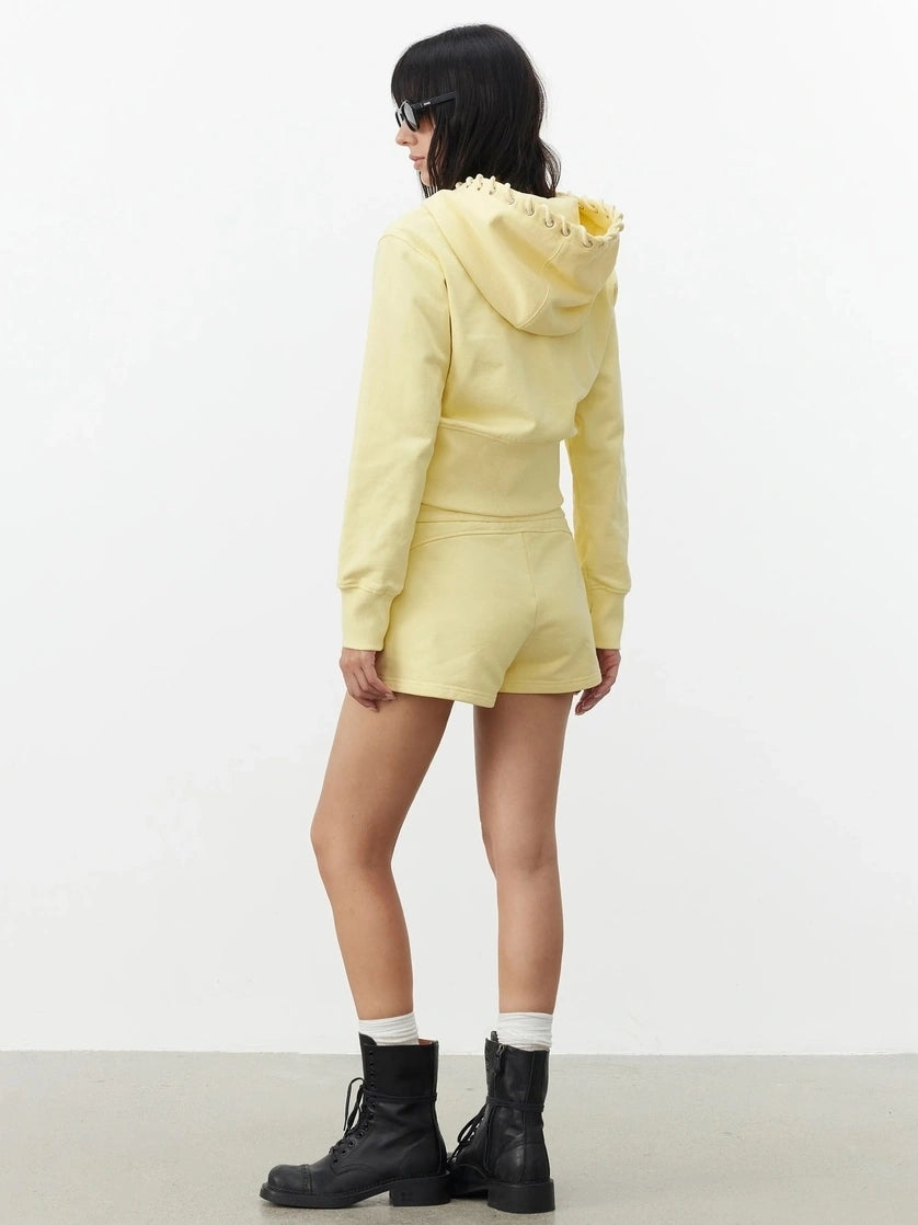 AFTADAWN High Density Cotton Drawstring Hoodie Embroidered Shorts Set Sport Suits