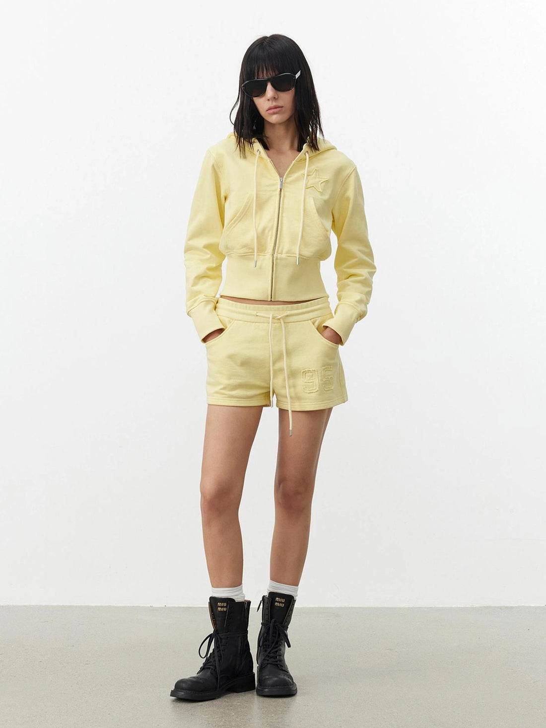 AFTADAWN High Density Cotton Drawstring Hoodie Embroidered Shorts Set Sport Suits