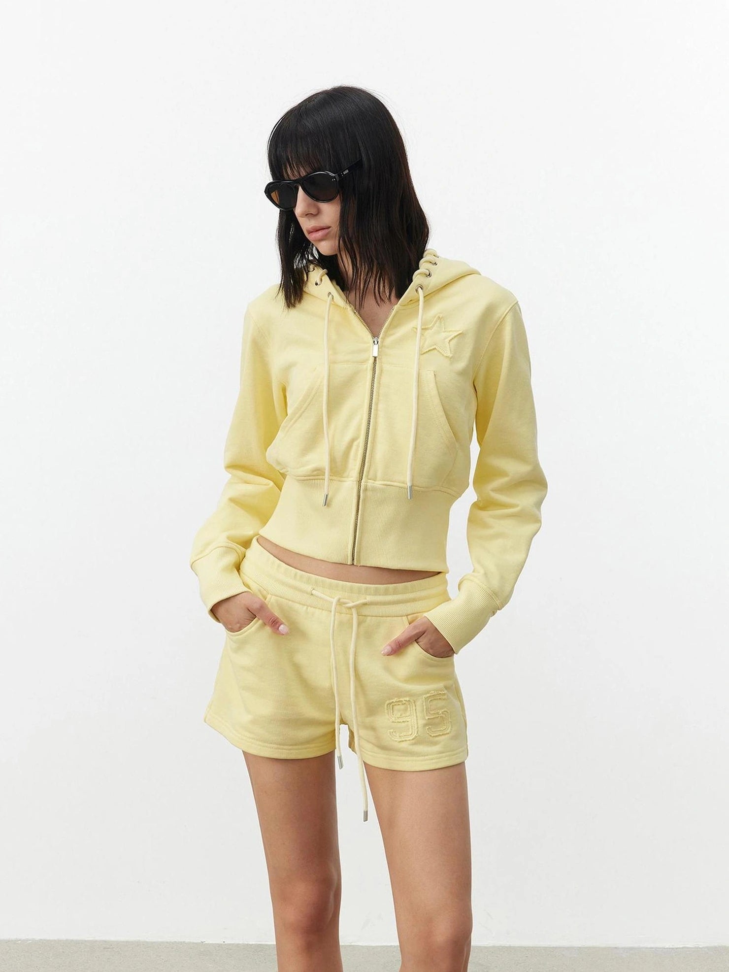 AFTADAWN High Density Cotton Drawstring Hoodie Embroidered Shorts Set Sport Suits