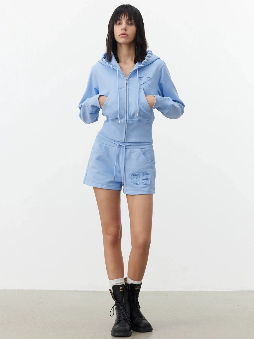 AFTADAWN High Density Cotton Drawstring Hoodie Embroidered Shorts Set Sport Suits