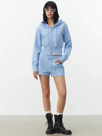 AFTADAWN High Density Cotton Drawstring Hoodie Embroidered Shorts Set Sport Suits