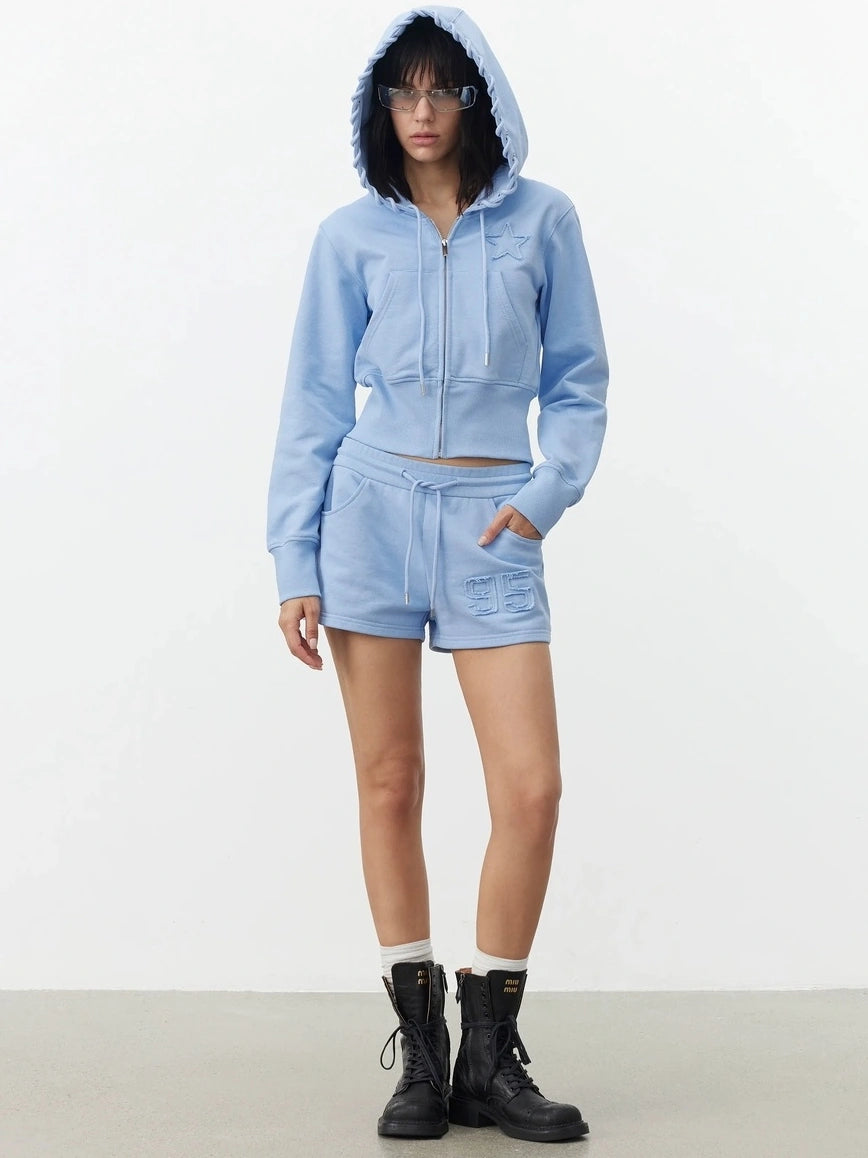 AFTADAWN High Density Cotton Drawstring Hoodie Embroidered Shorts Set Sport Suits