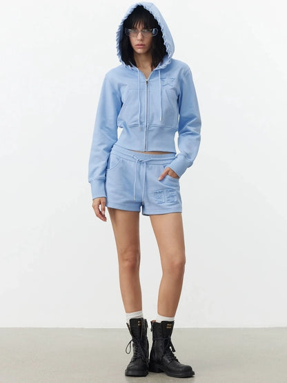 AFTADAWN High Density Cotton Drawstring Hoodie Embroidered Shorts Set Sport Suits