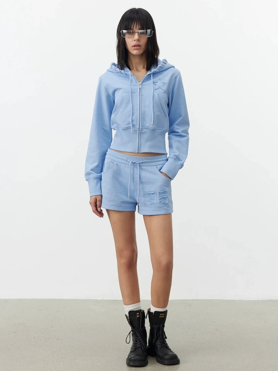 AFTADAWN High Density Cotton Drawstring Hoodie Embroidered Shorts Set Sport Suits