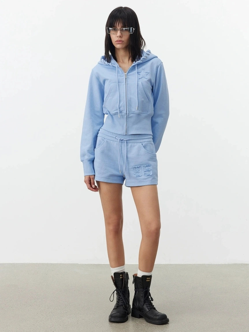 AFTADAWN High Density Cotton Drawstring Hoodie Embroidered Shorts Set Sport Suits