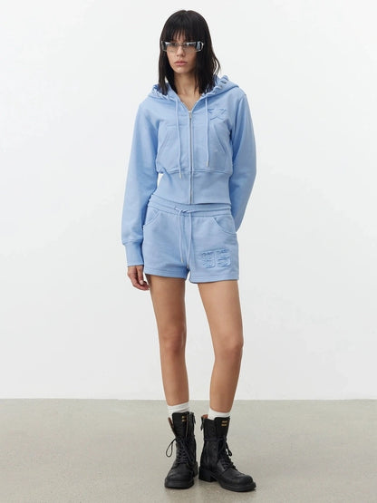 AFTADAWN High Density Cotton Drawstring Hoodie Embroidered Shorts Set Sport Suits