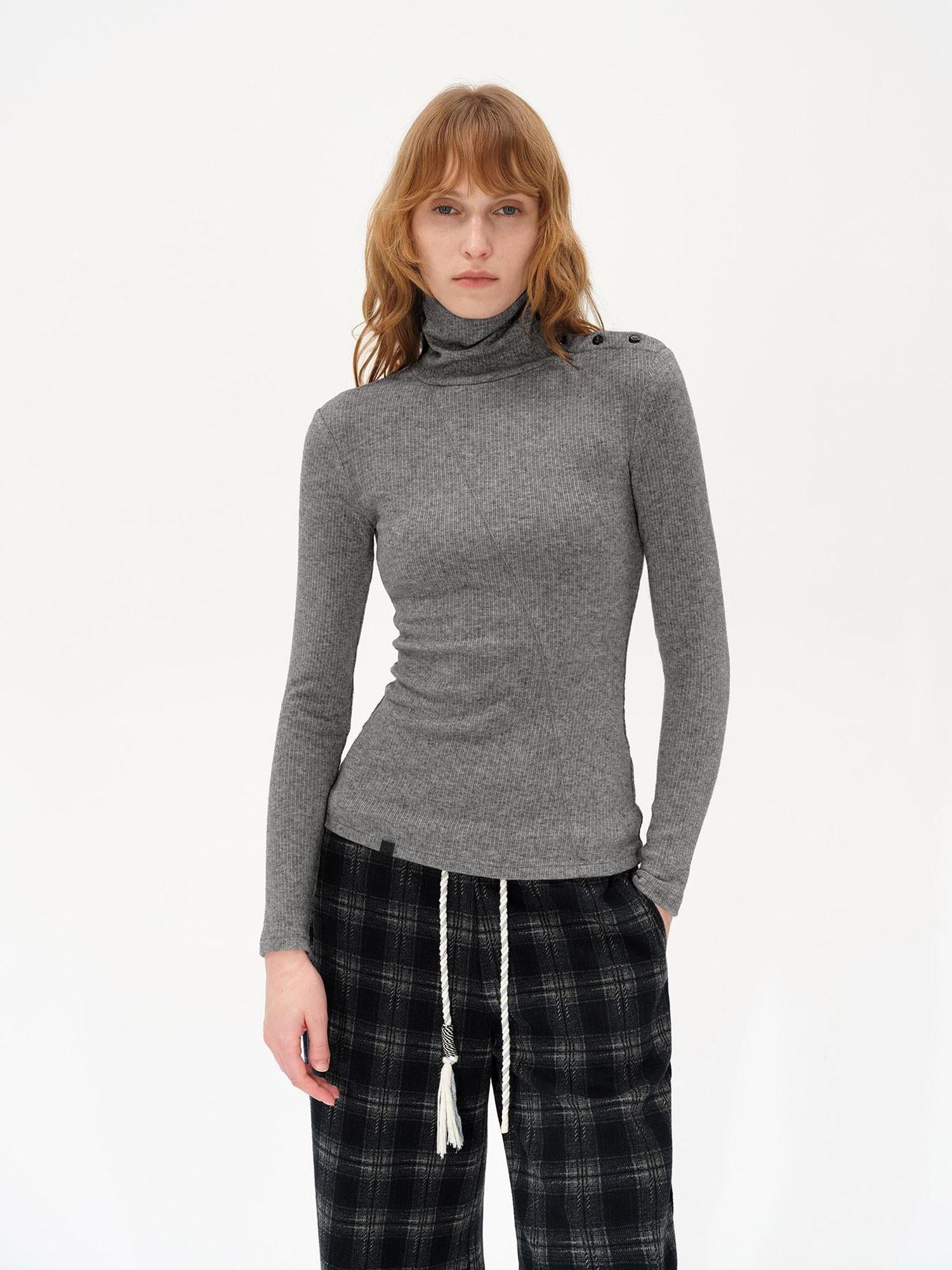 AFTADAWN High Neck Asymmetric Button Knit Sweater