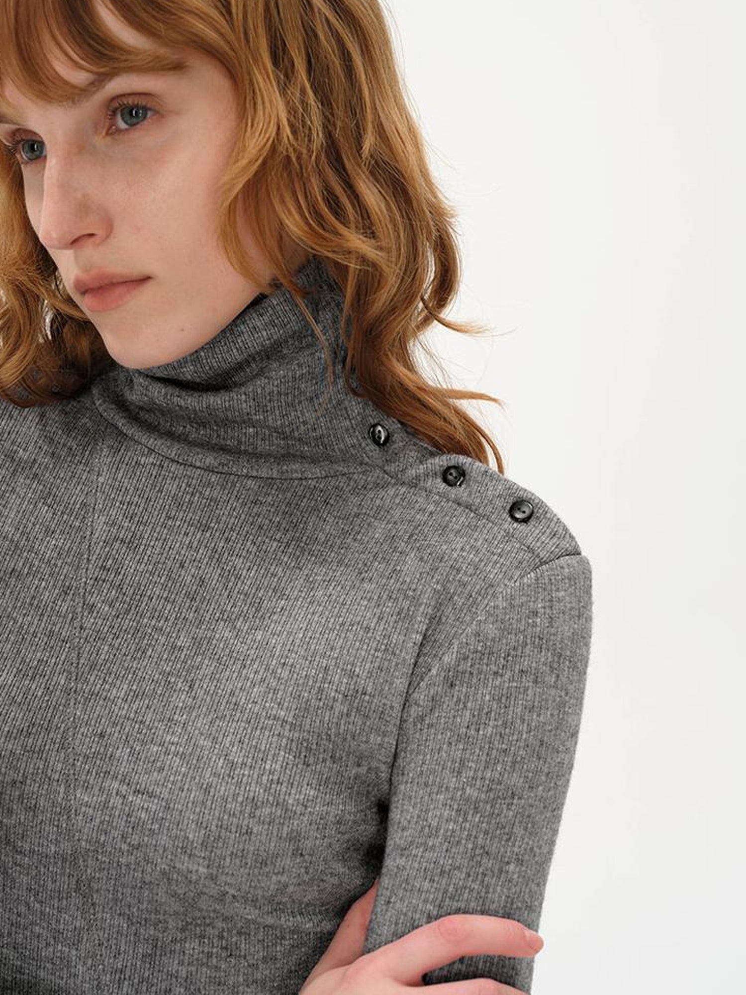 AFTADAWN High Neck Asymmetric Button Knit Sweater