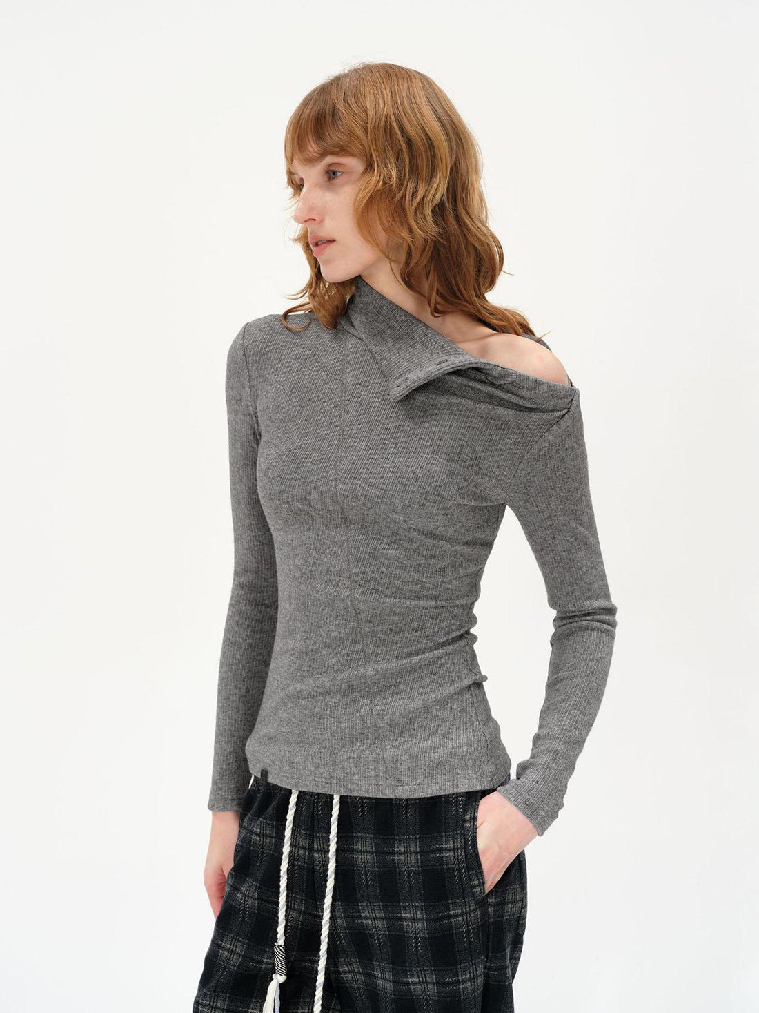 AFTADAWN High Neck Asymmetric Button Knit Sweater