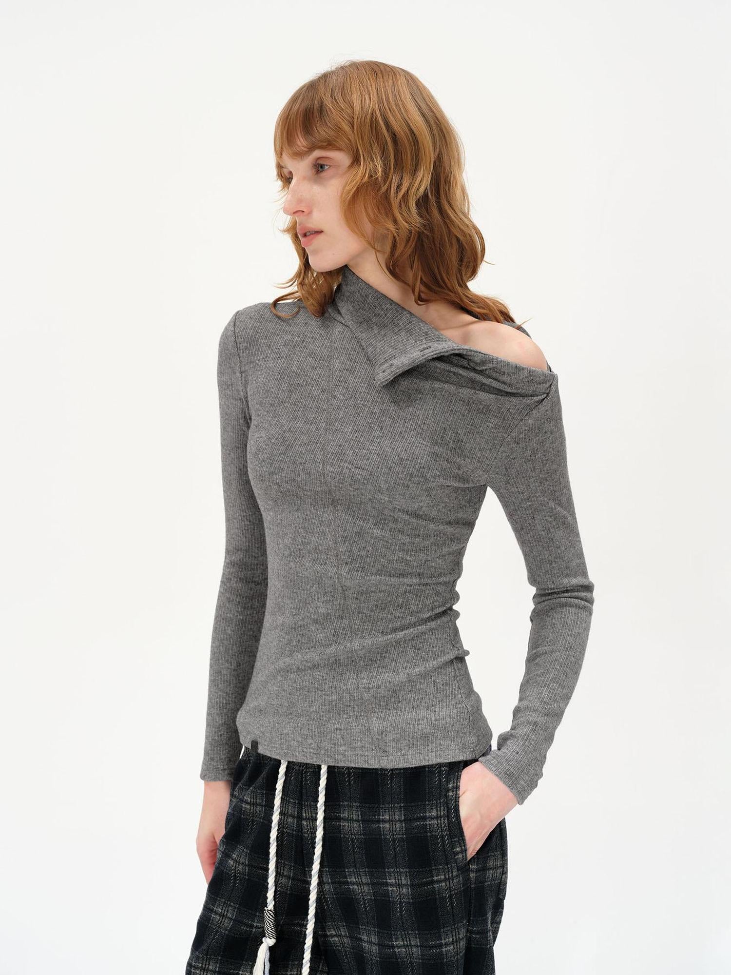 AFTADAWN High Neck Asymmetric Button Knit Sweater