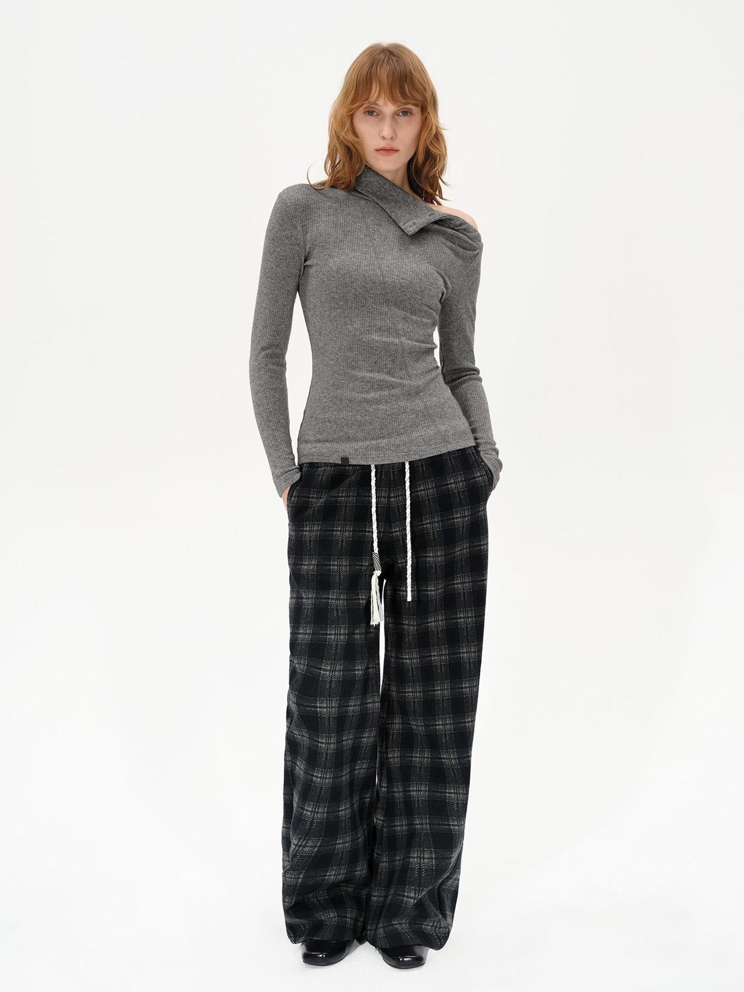 AFTADAWN High Neck Asymmetric Button Knit Sweater