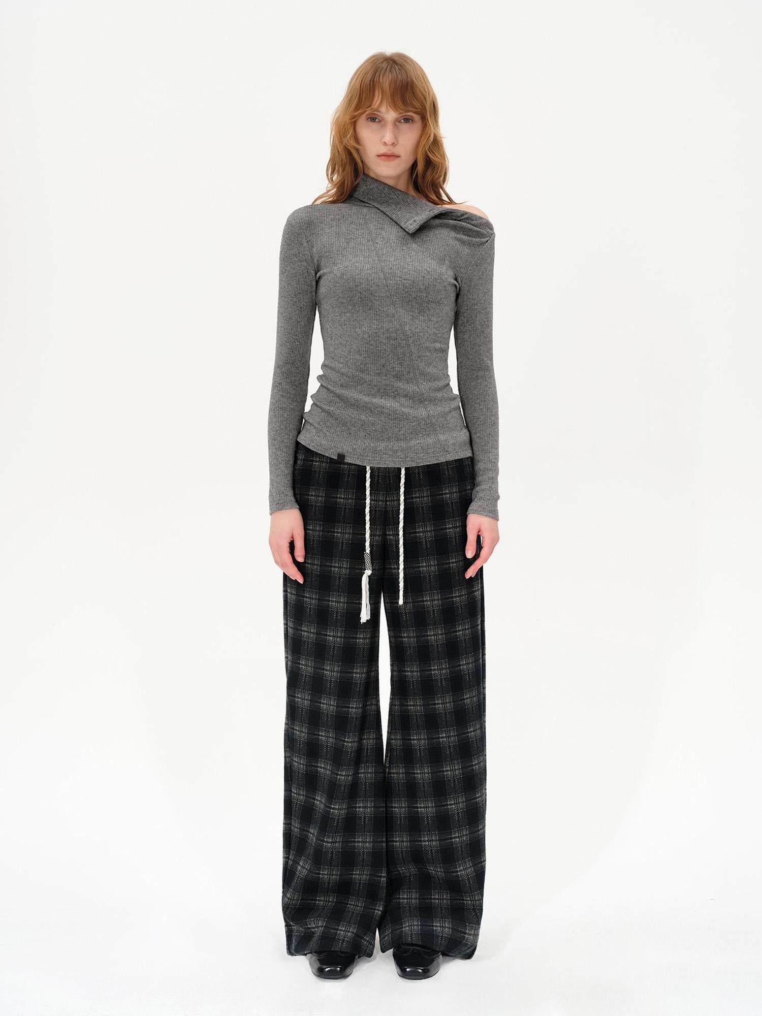 AFTADAWN High Neck Asymmetric Button Knit Sweater