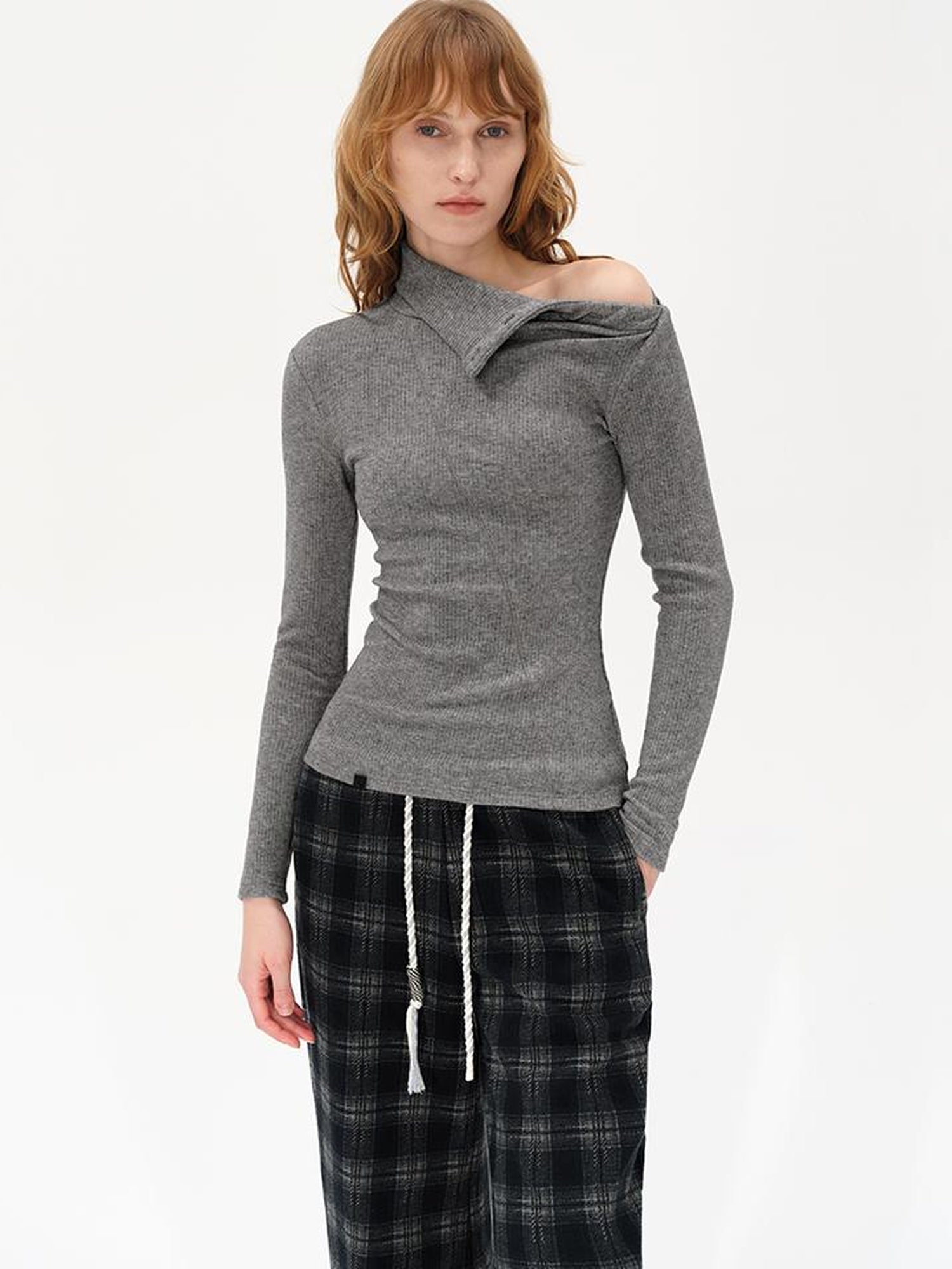 AFTADAWN High Neck Asymmetric Button Knit Sweater