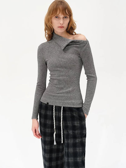 High Neck Asymmetric Button Knit Sweater